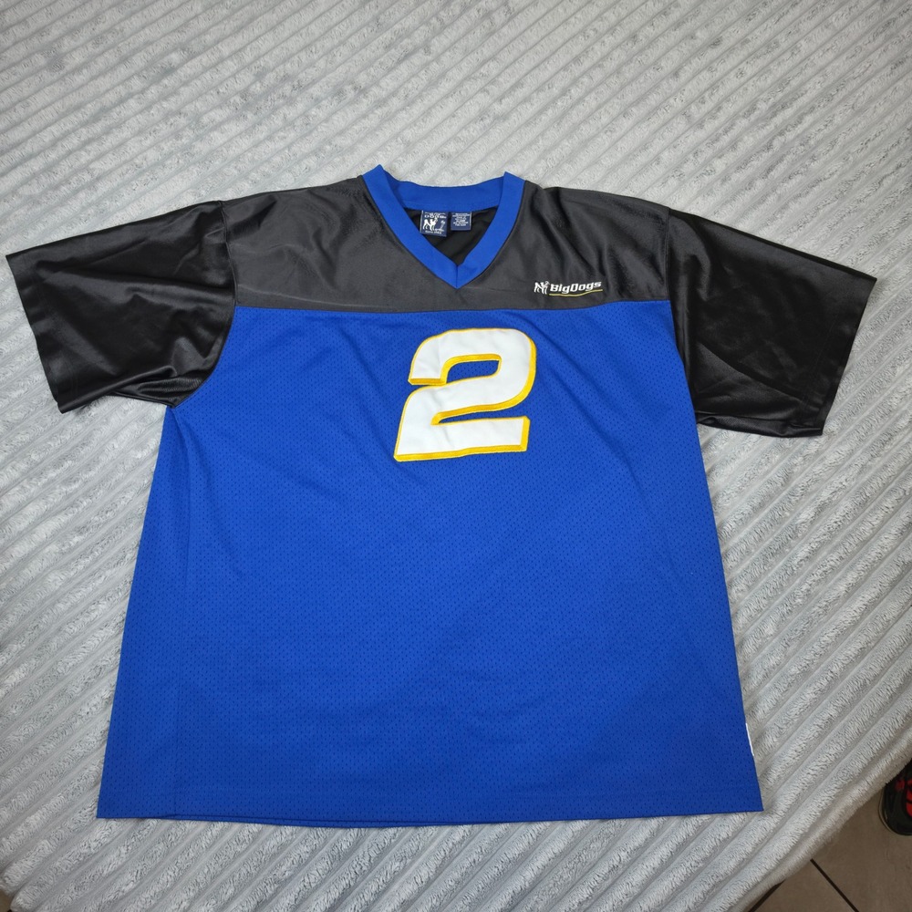Big Dogs Mens XL Blue Black Mesh Football Jersey Number 2 V-Neck Athletic Shirt